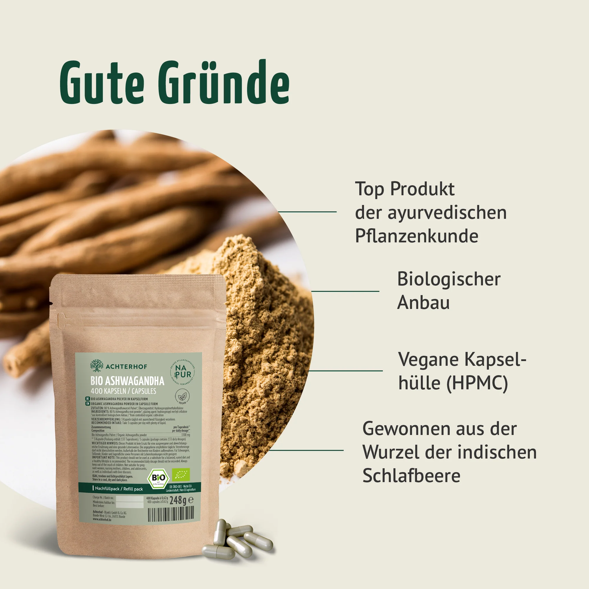 Ashwagandha Kapseln Bio Nachfüllpack (400 Kapseln) - Image 3