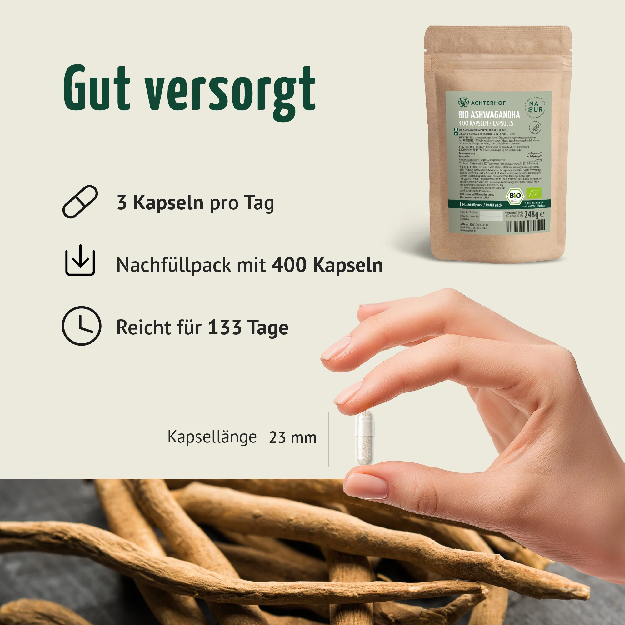 Ashwagandha Kapseln Bio Nachfüllpack (400 Kapseln) - Image 5
