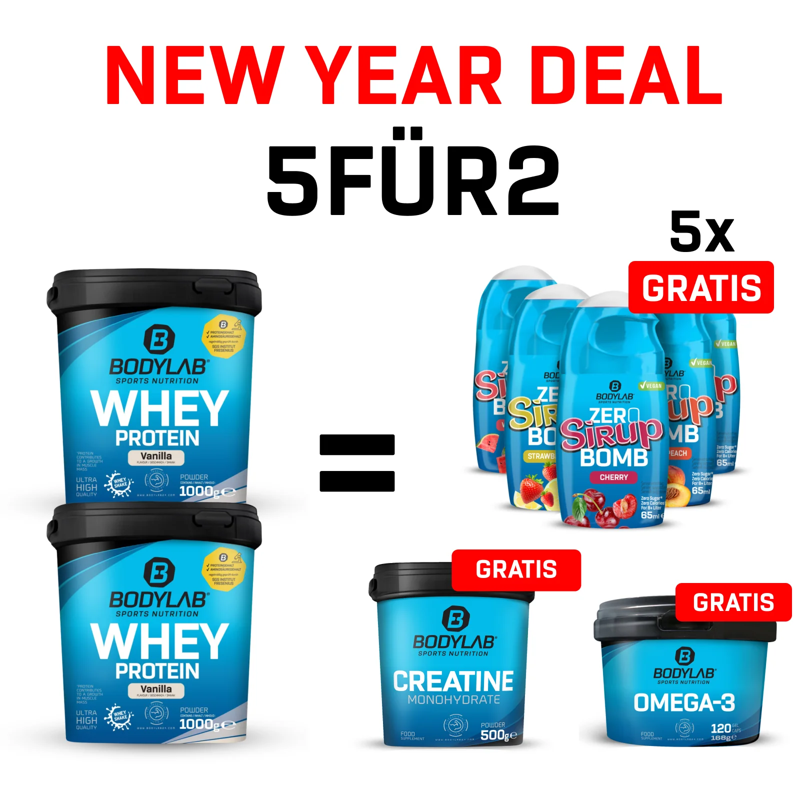 5Für2 Diet-Powerpack mit Gratis Creatine Powder + Zero Sirup Bomb Mix + Omega-3 - Image 3