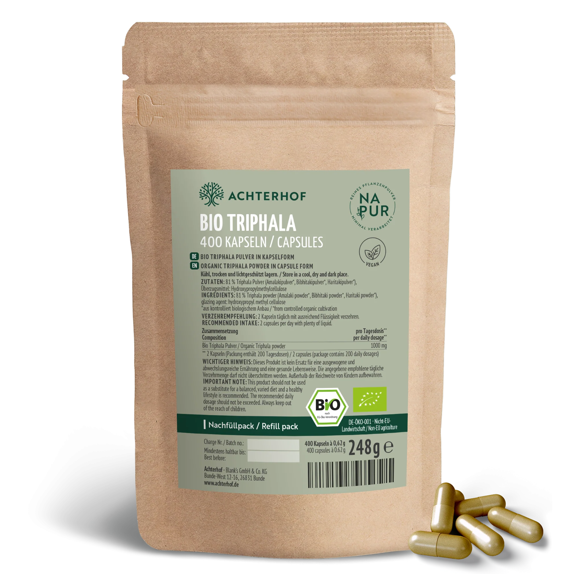 Triphala Kapseln Bio Nachfüllpack (400 Kapseln)