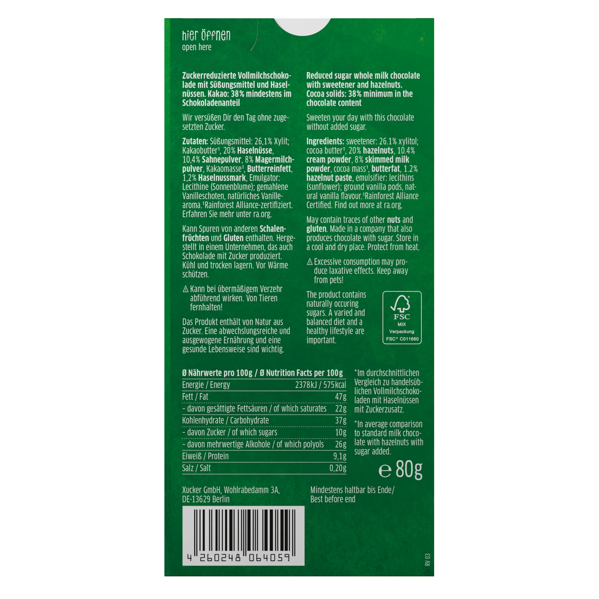 Xylit-Schokolade Vollmilch mit Haselnuss (80g) - Image 2